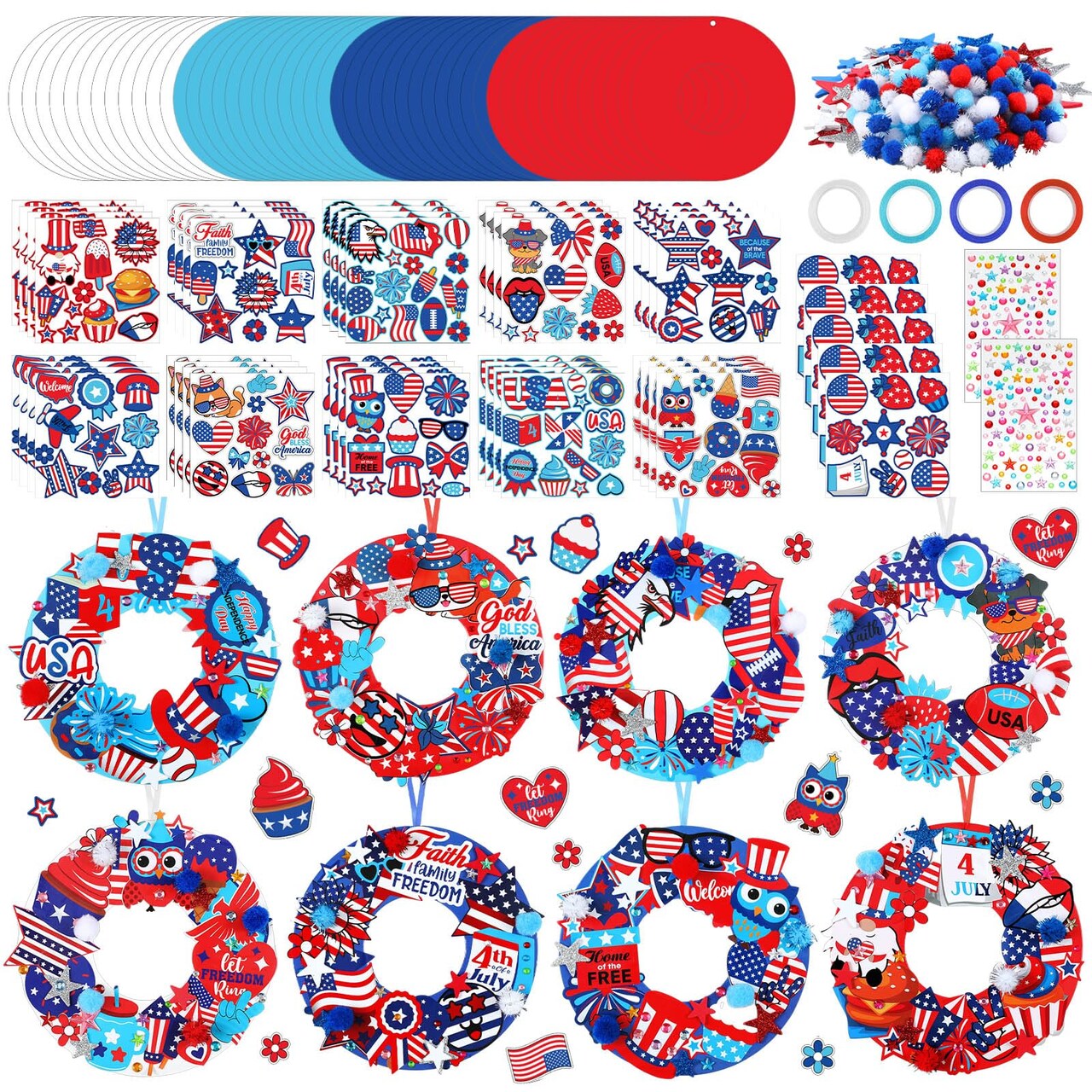 48 Sets Patriotic Wreath Craft Kit DIY 4th of July Paper Crafts American Craft DIY Wreath Hanging Ornaments Decor for 250th Anniversary Memorial Independence Day Art Activity Home Supplies